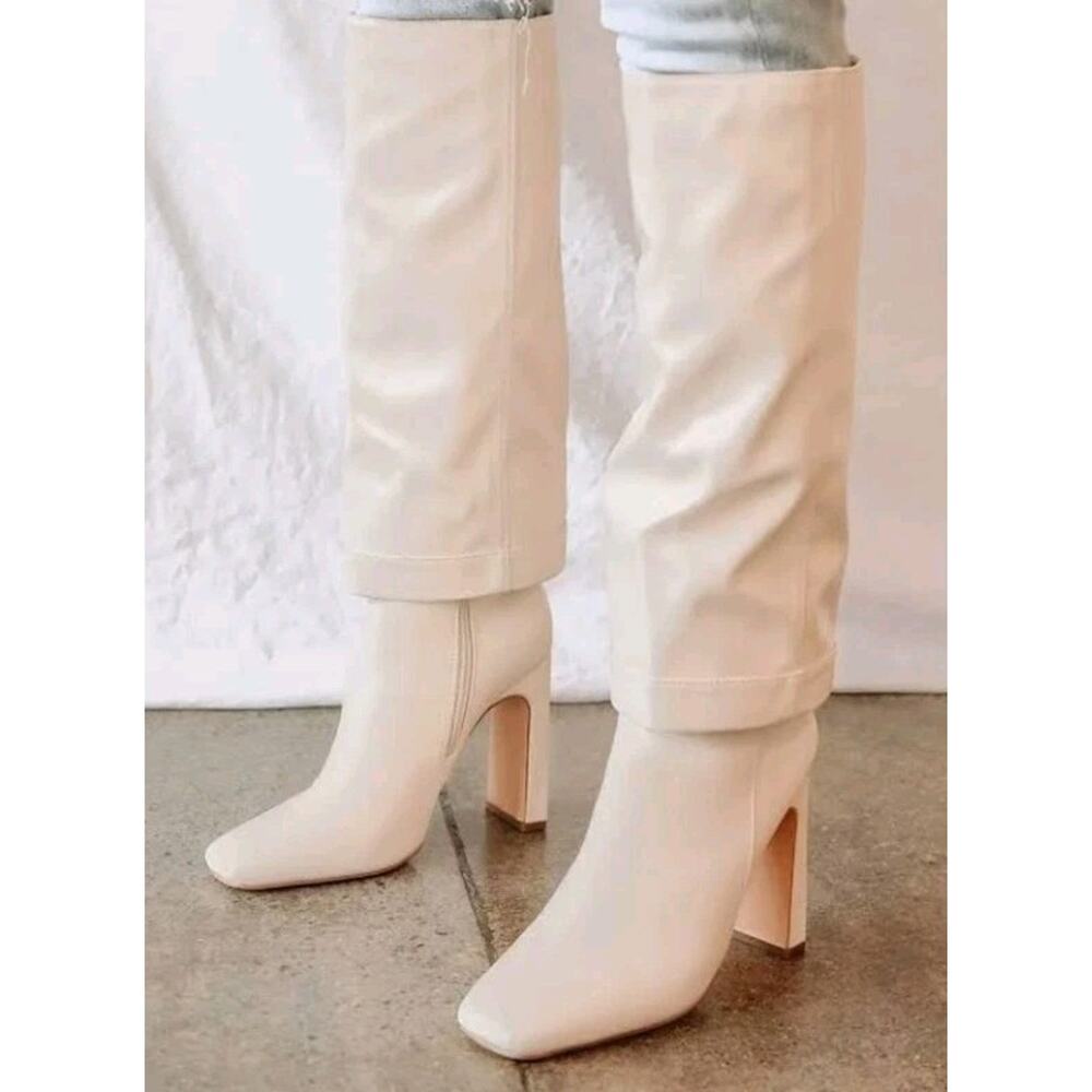 Lulu's Lorlia Women's Almond Square Toe Knee High Fold Over Boots Size 8 Beige - Picture 4 of 9